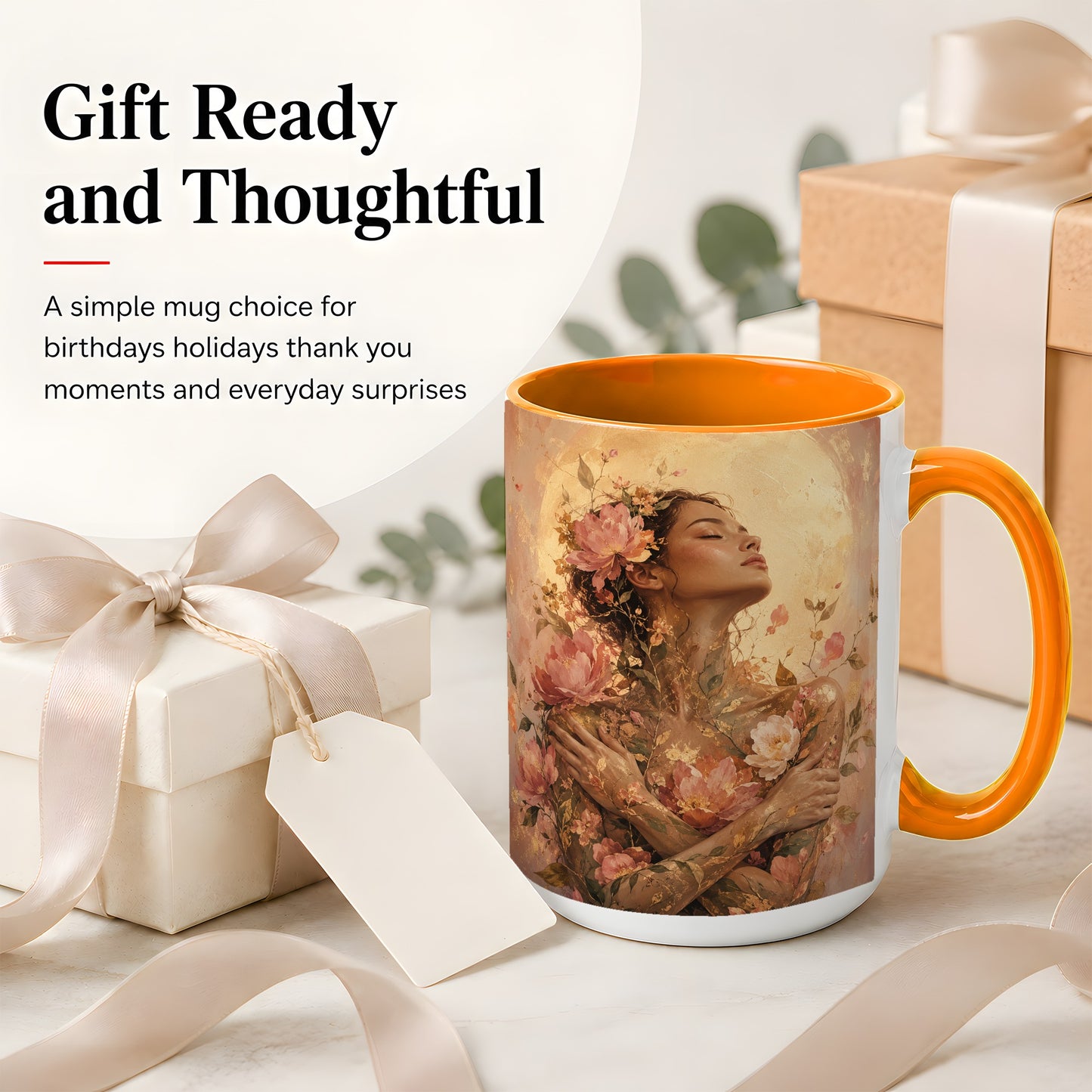 #pl[15oz|Orange] Floral Woman Ceramic Mug, Self Embrace Botanical Portrait