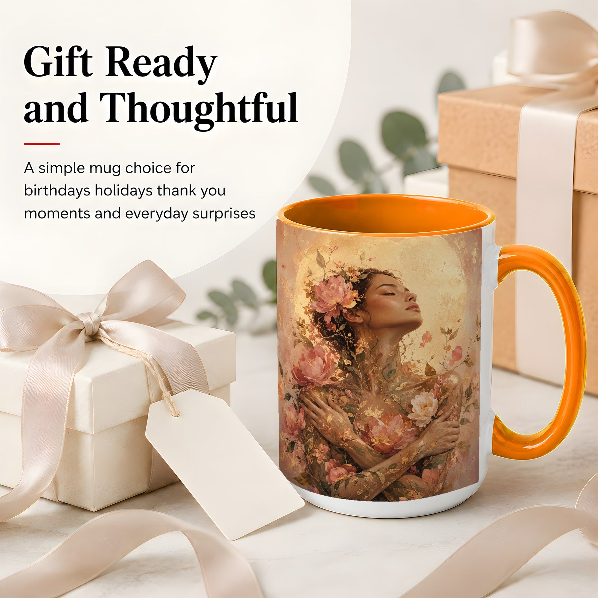 #pl[15oz|Orange] Floral Woman Ceramic Mug, Self Embrace Botanical Portrait