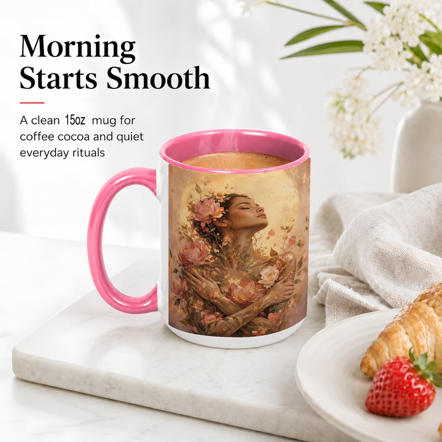 #pl[15oz|Pink] Floral Woman Ceramic Mug, Self Embrace Botanical Portrait
