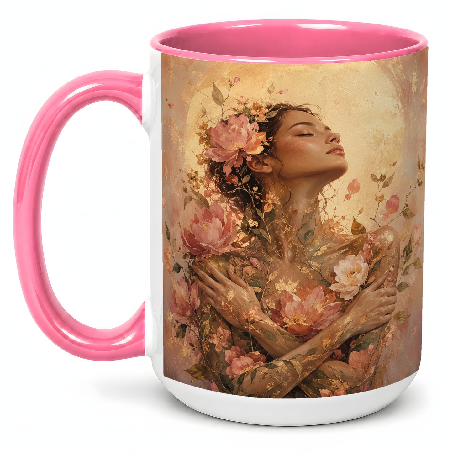#pl[15oz|Pink] Floral Woman Ceramic Mug, Self Embrace Botanical Portrait
