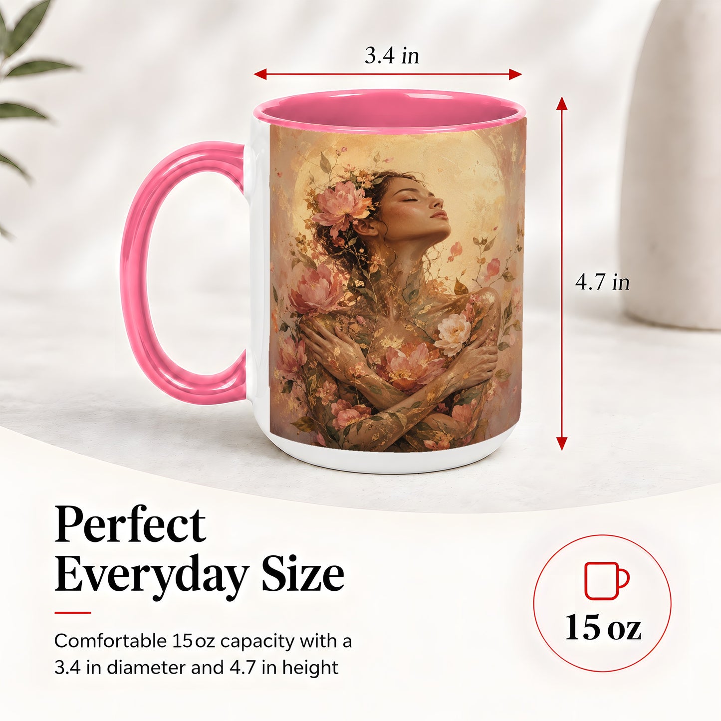 #pl[15oz|Pink] Floral Woman Ceramic Mug, Self Embrace Botanical Portrait