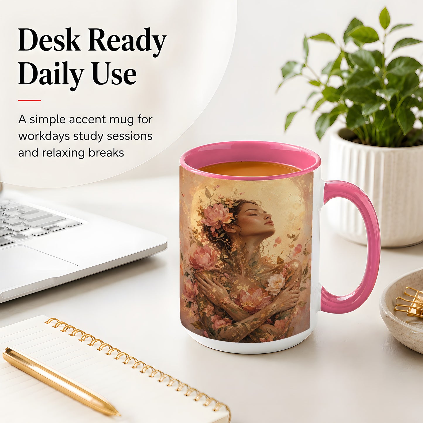 #pl[15oz|Pink] Floral Woman Ceramic Mug, Self Embrace Botanical Portrait