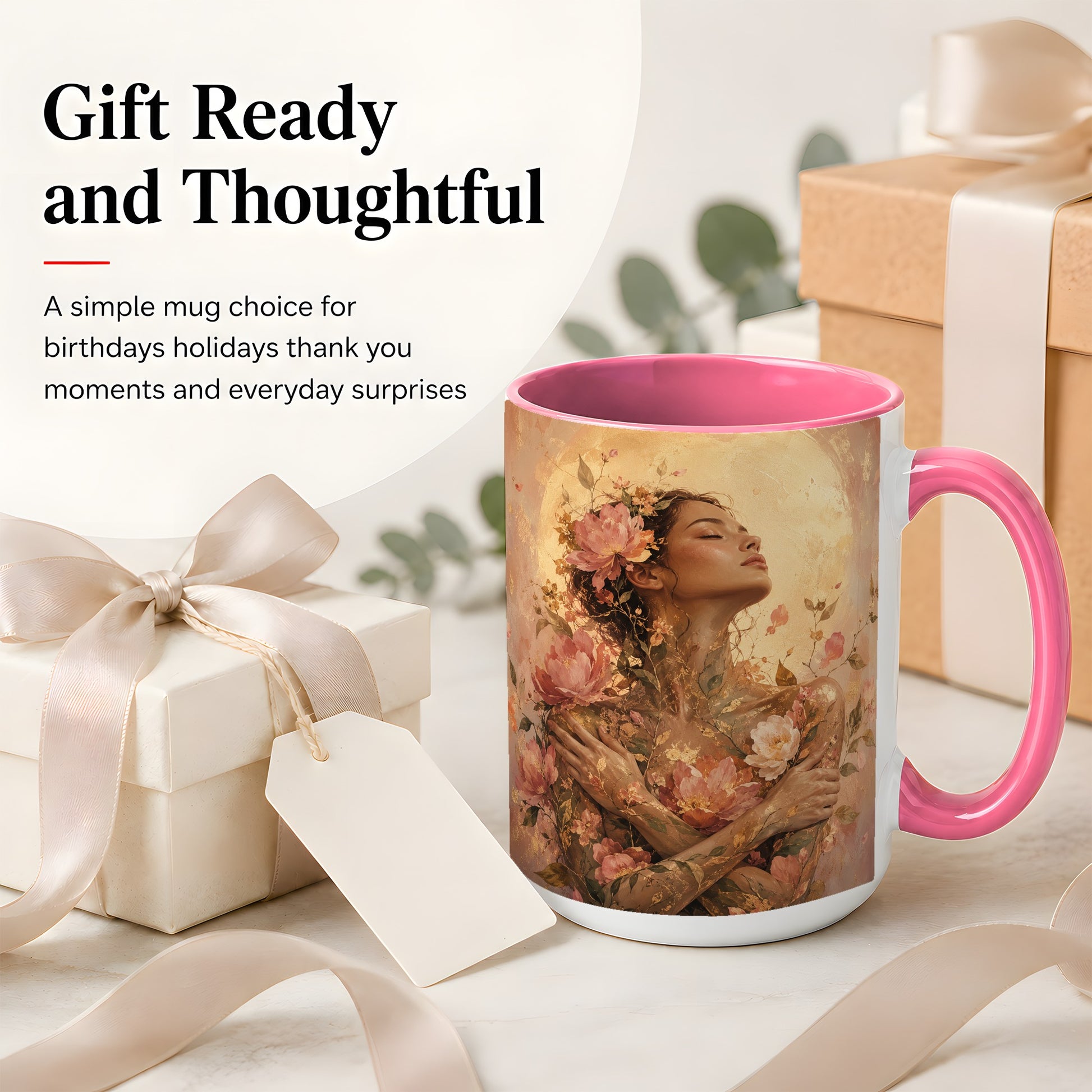 #pl[15oz|Pink] Floral Woman Ceramic Mug, Self Embrace Botanical Portrait