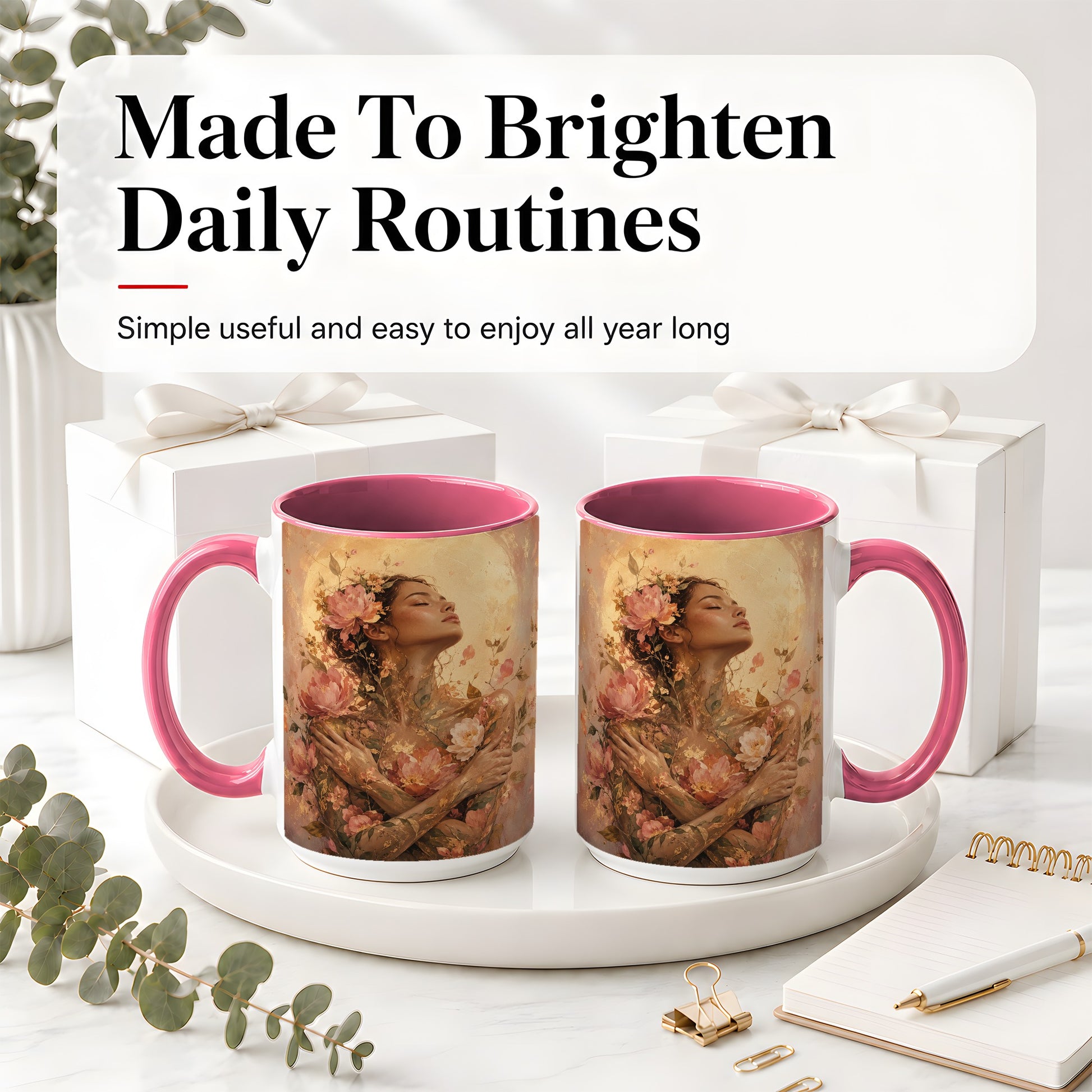 #pl[15oz|Pink] Floral Woman Ceramic Mug, Self Embrace Botanical Portrait