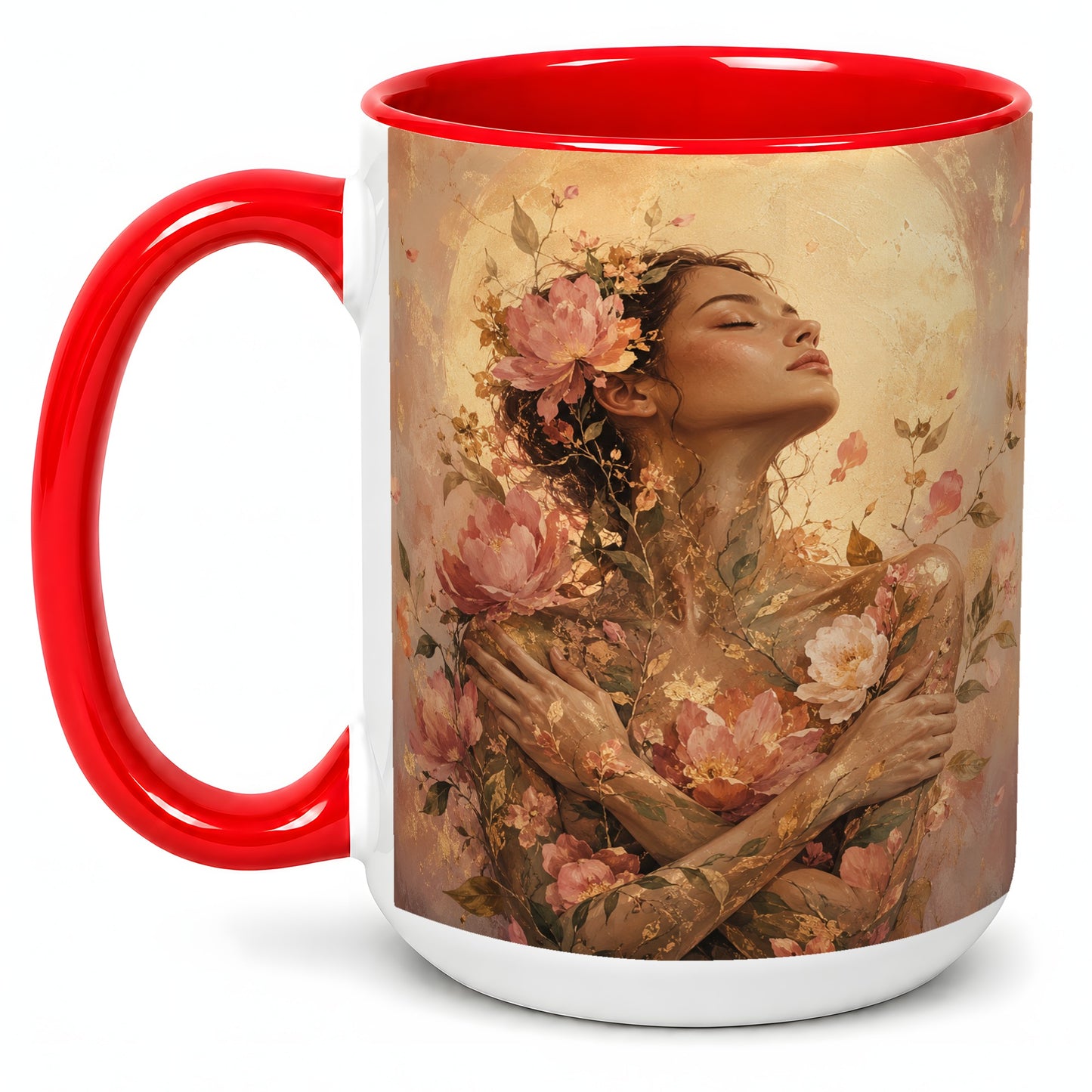 #pl[15oz|Red] Floral Woman Ceramic Mug, Self Embrace Botanical Portrait