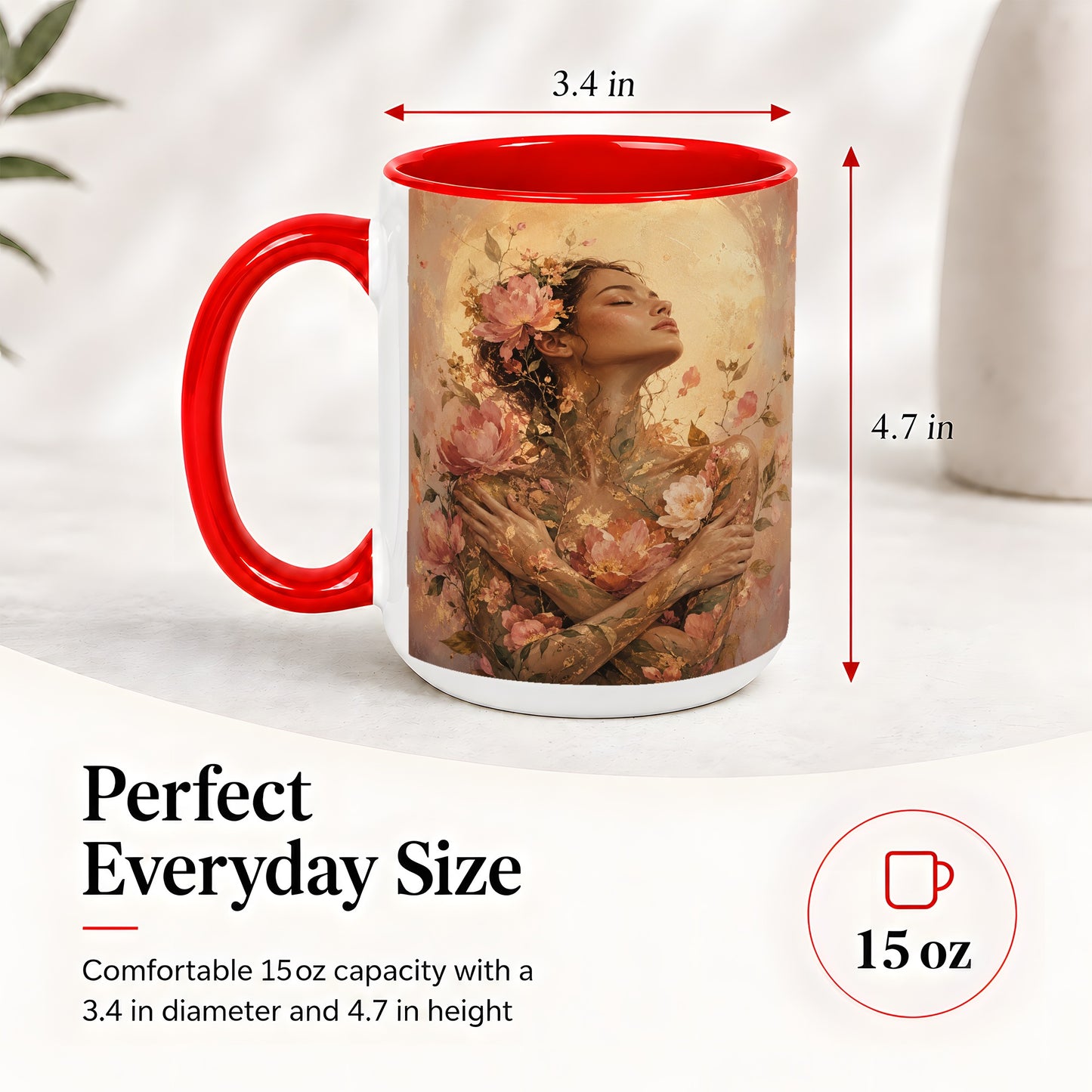 #pl[15oz|Red] Floral Woman Ceramic Mug, Self Embrace Botanical Portrait