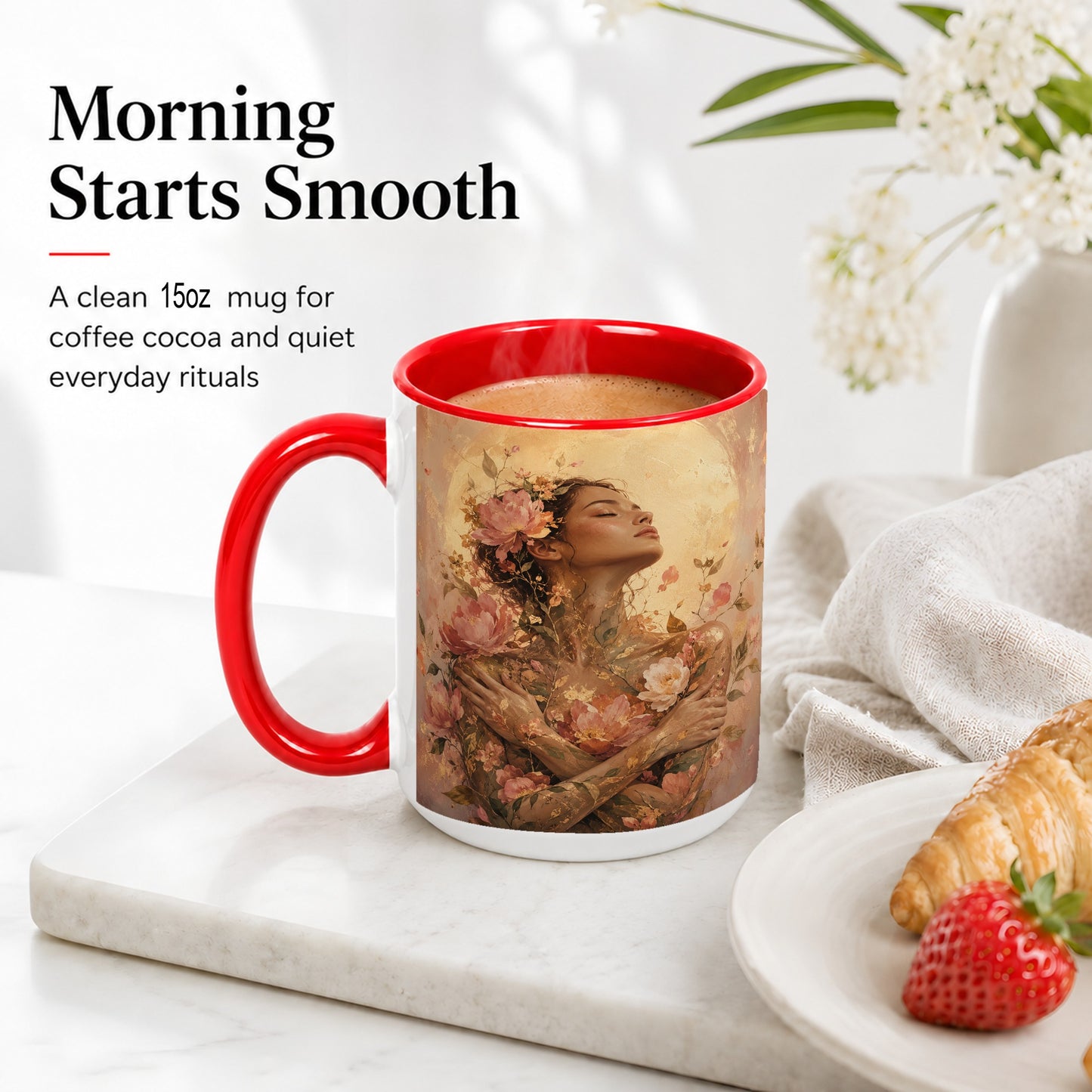 #pl[15oz|Red] Floral Woman Ceramic Mug, Self Embrace Botanical Portrait