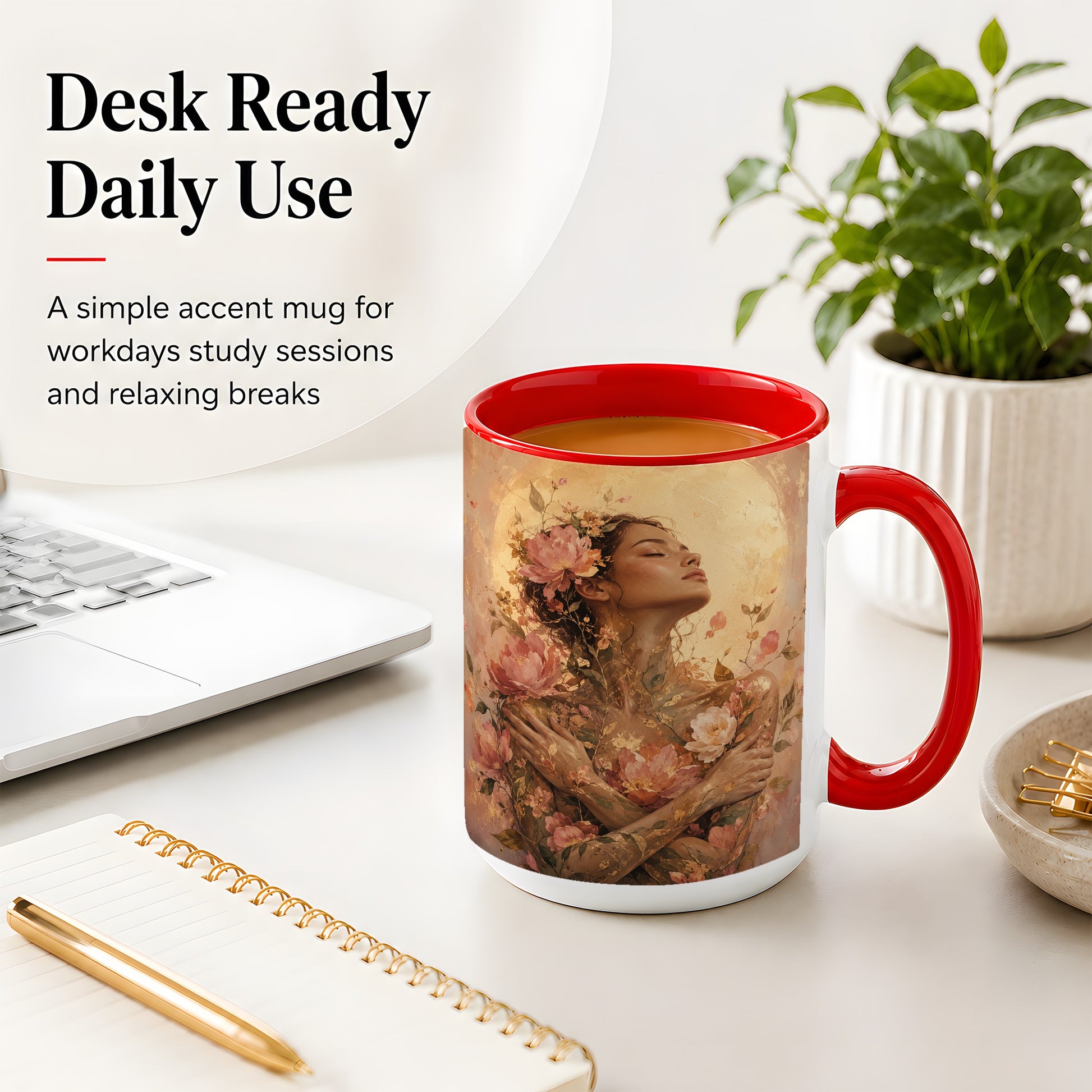 #pl[15oz|Red] Floral Woman Ceramic Mug, Self Embrace Botanical Portrait
