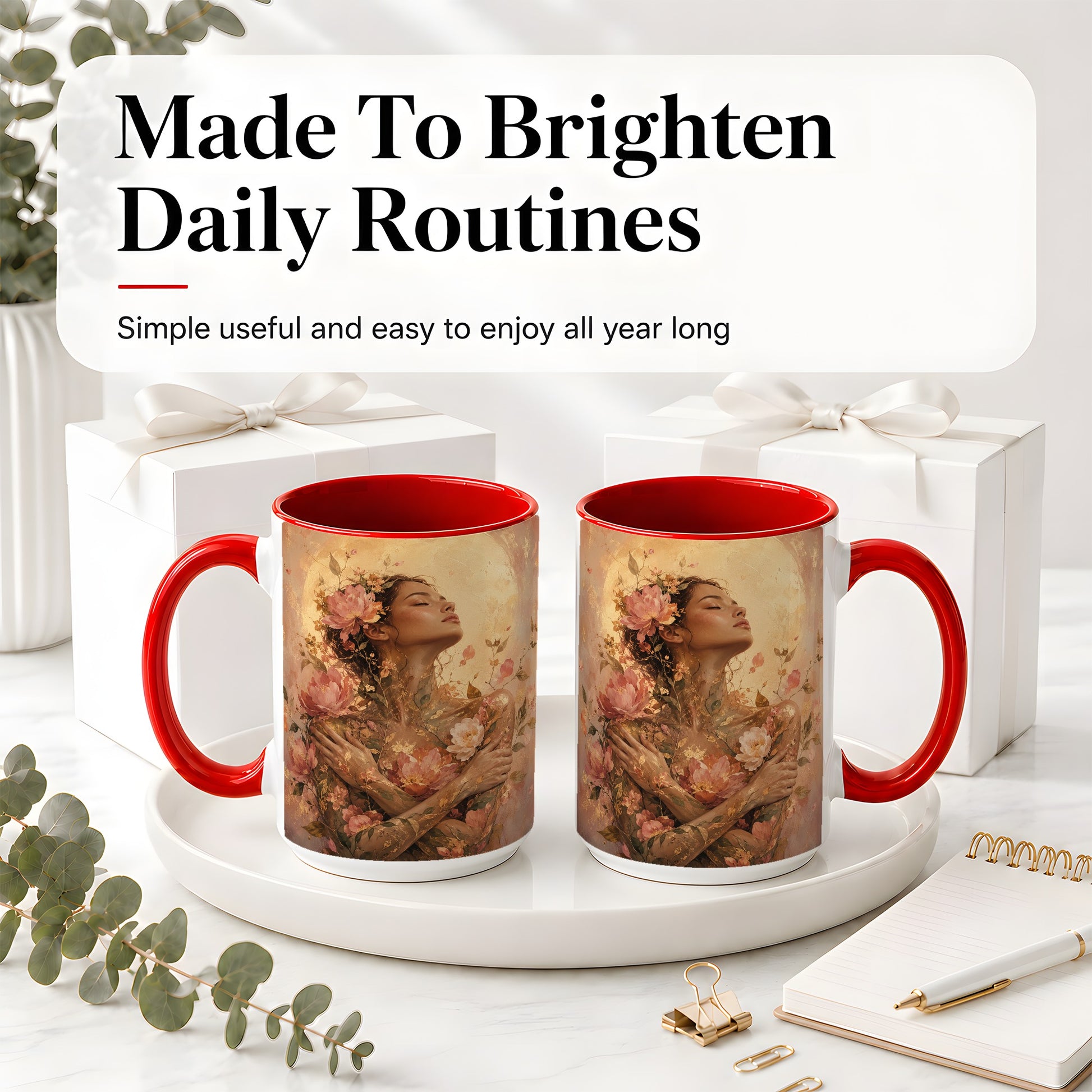 #pl[15oz|Red] Floral Woman Ceramic Mug, Self Embrace Botanical Portrait