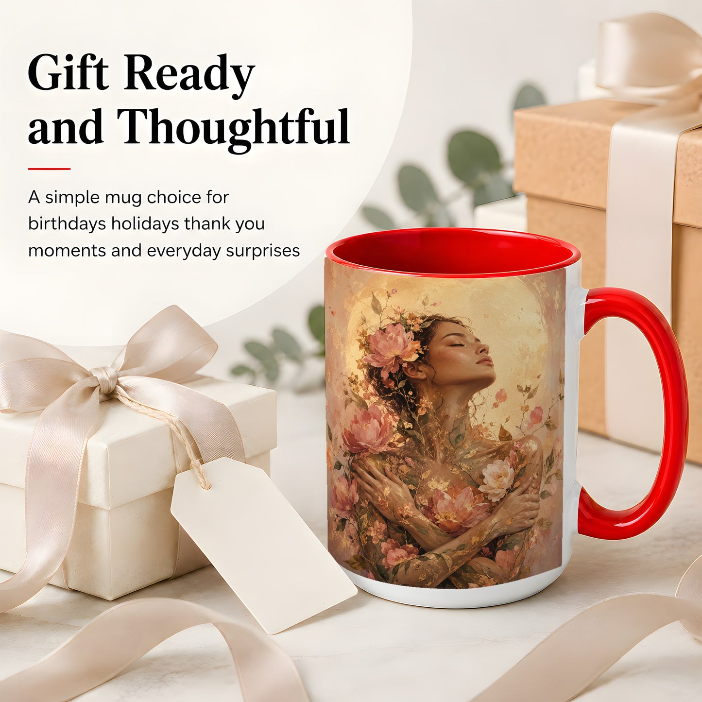 #pl[15oz|Red] Floral Woman Ceramic Mug, Self Embrace Botanical Portrait