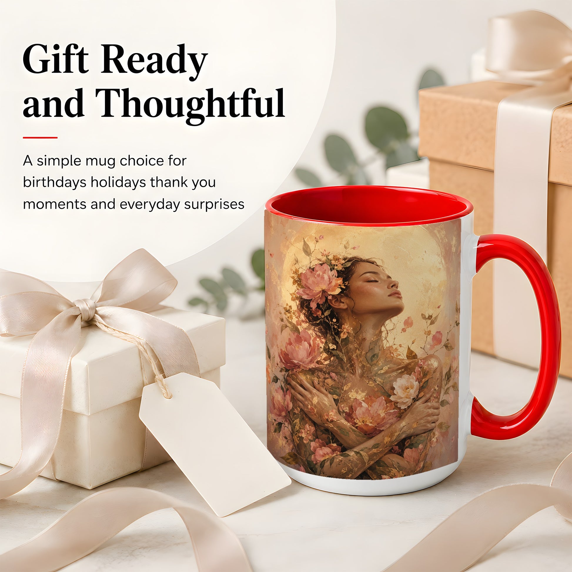 #pl[15oz|Red] Floral Woman Ceramic Mug, Self Embrace Botanical Portrait