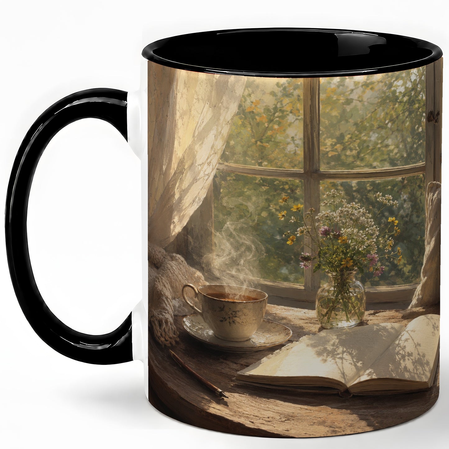 #pl[11oz|Black] Cozy Reading Nook Ceramic Mug, Tea Book and Flowers Art