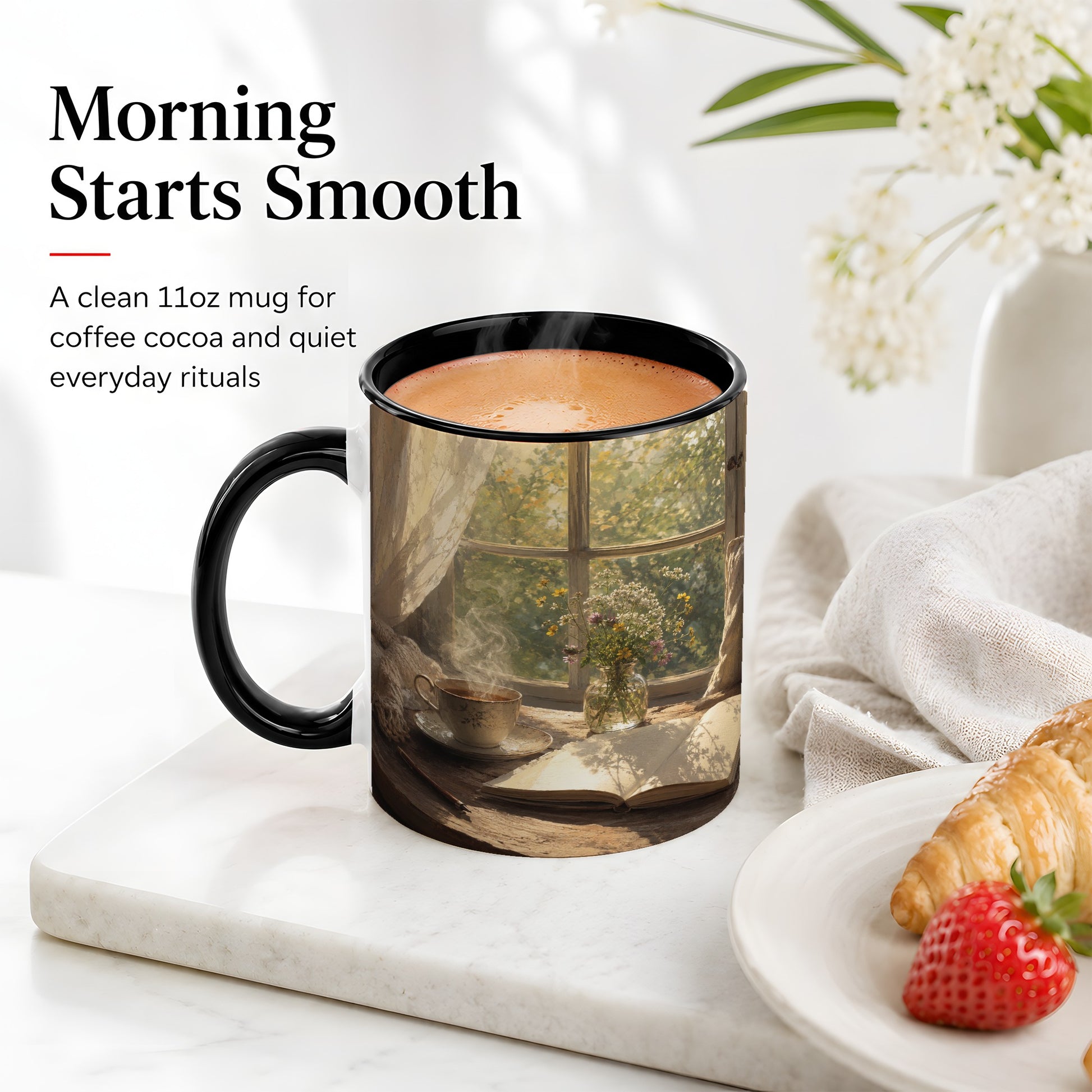 #pl[11oz|Black] Cozy Reading Nook Ceramic Mug, Tea Book and Flowers Art