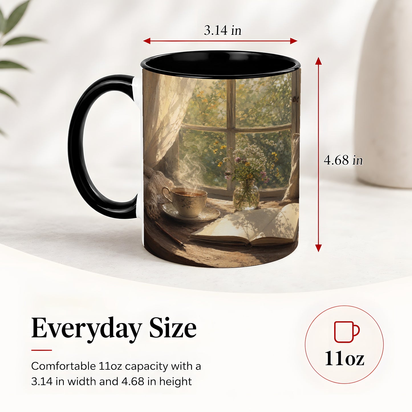 #pl[11oz|Black] Cozy Reading Nook Ceramic Mug, Tea Book and Flowers Art