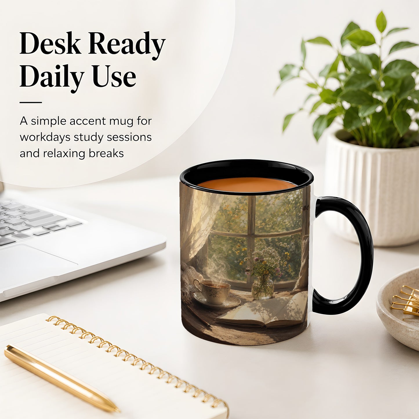 #pl[11oz|Black] Cozy Reading Nook Ceramic Mug, Tea Book and Flowers Art