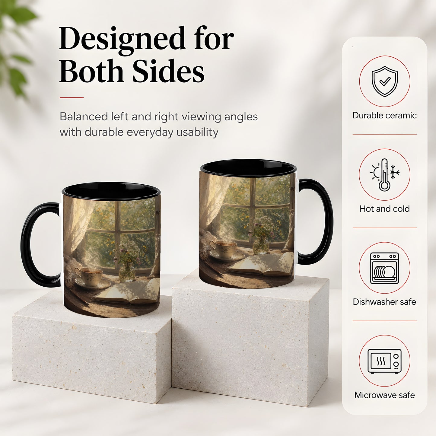 #pl[11oz|Black] Cozy Reading Nook Ceramic Mug, Tea Book and Flowers Art