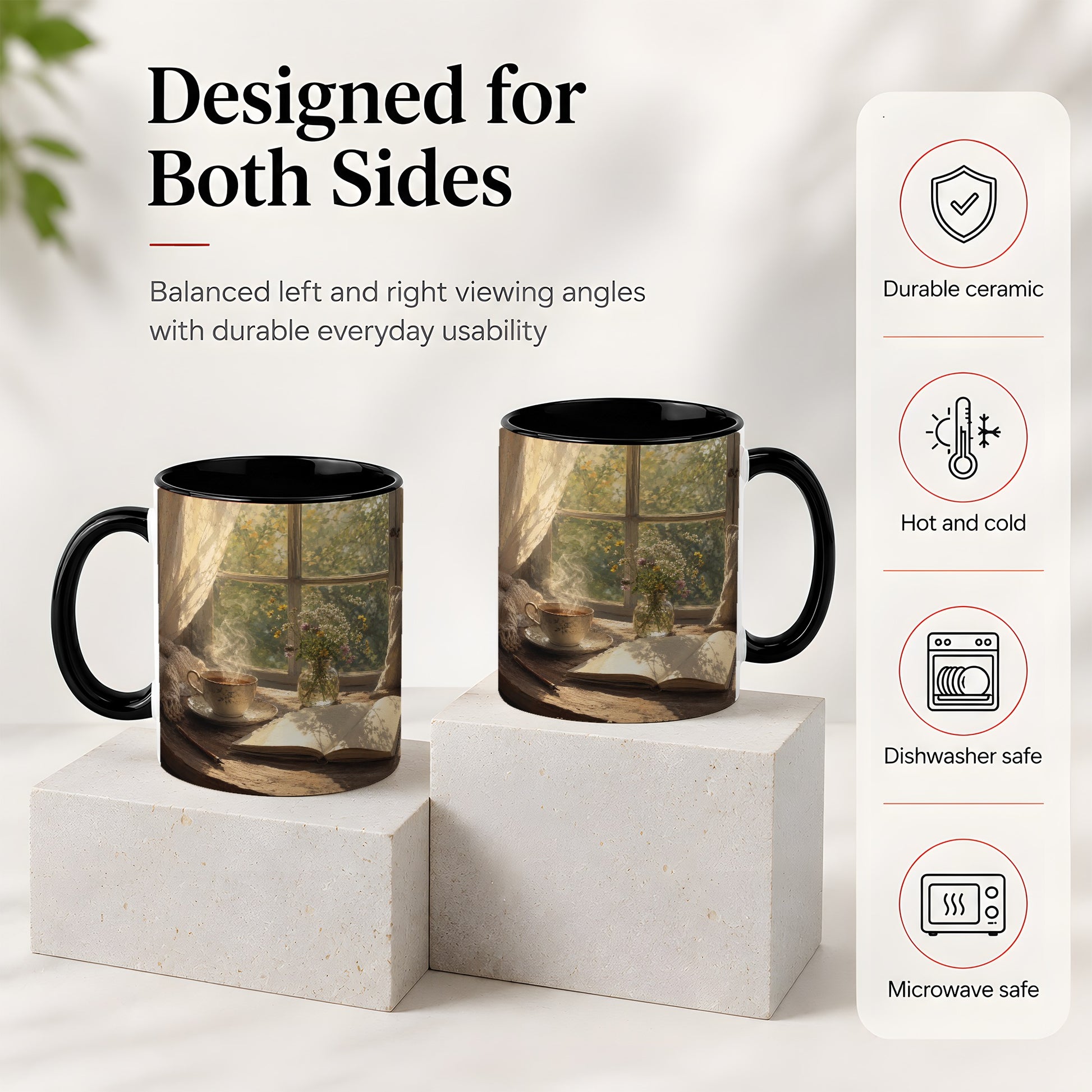 #pl[11oz|Black] Cozy Reading Nook Ceramic Mug, Tea Book and Flowers Art