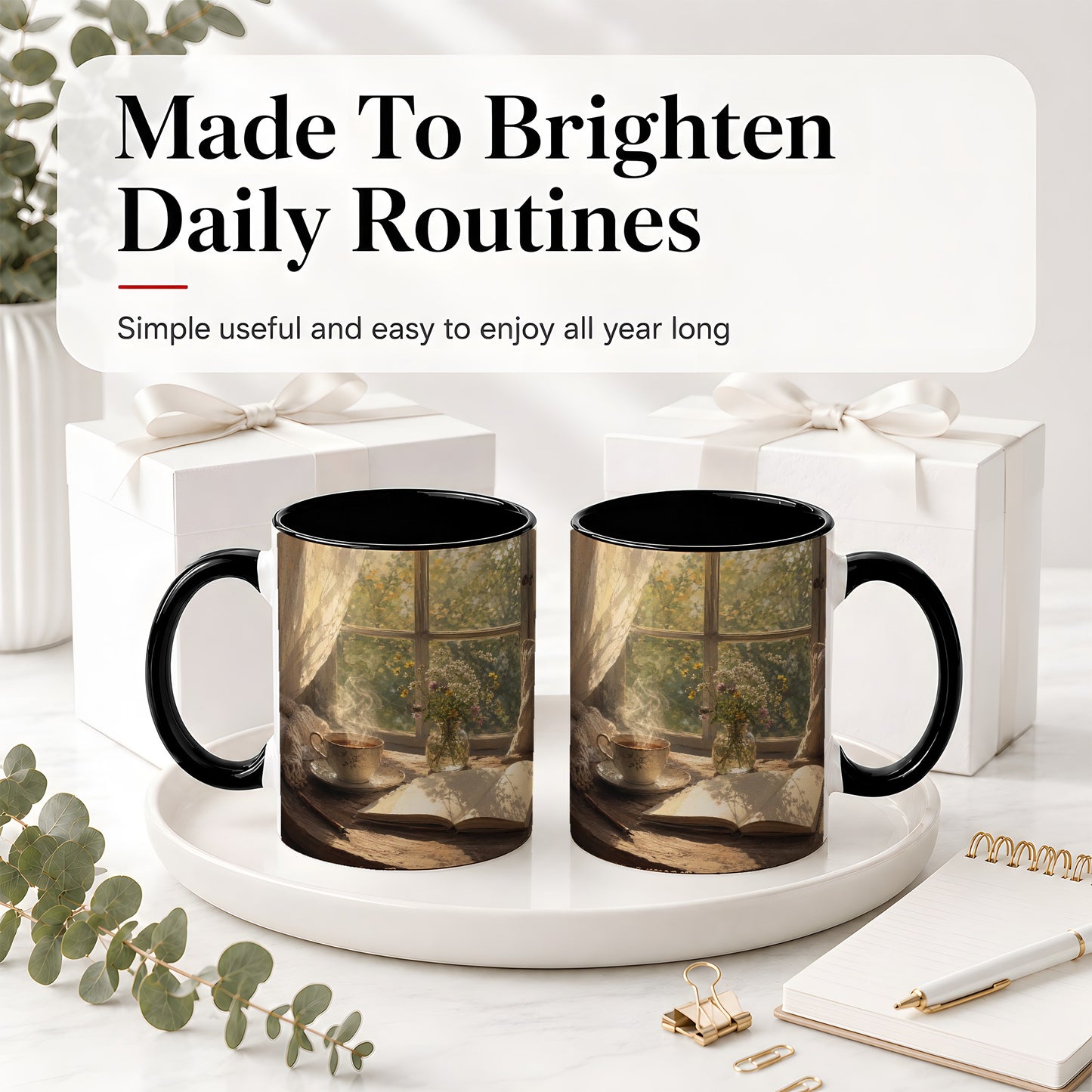 #pl[11oz|Black] Cozy Reading Nook Ceramic Mug, Tea Book and Flowers Art