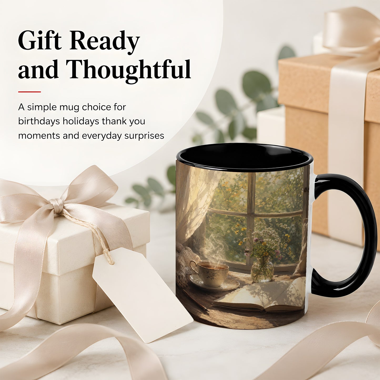 #pl[11oz|Black] Cozy Reading Nook Ceramic Mug, Tea Book and Flowers Art