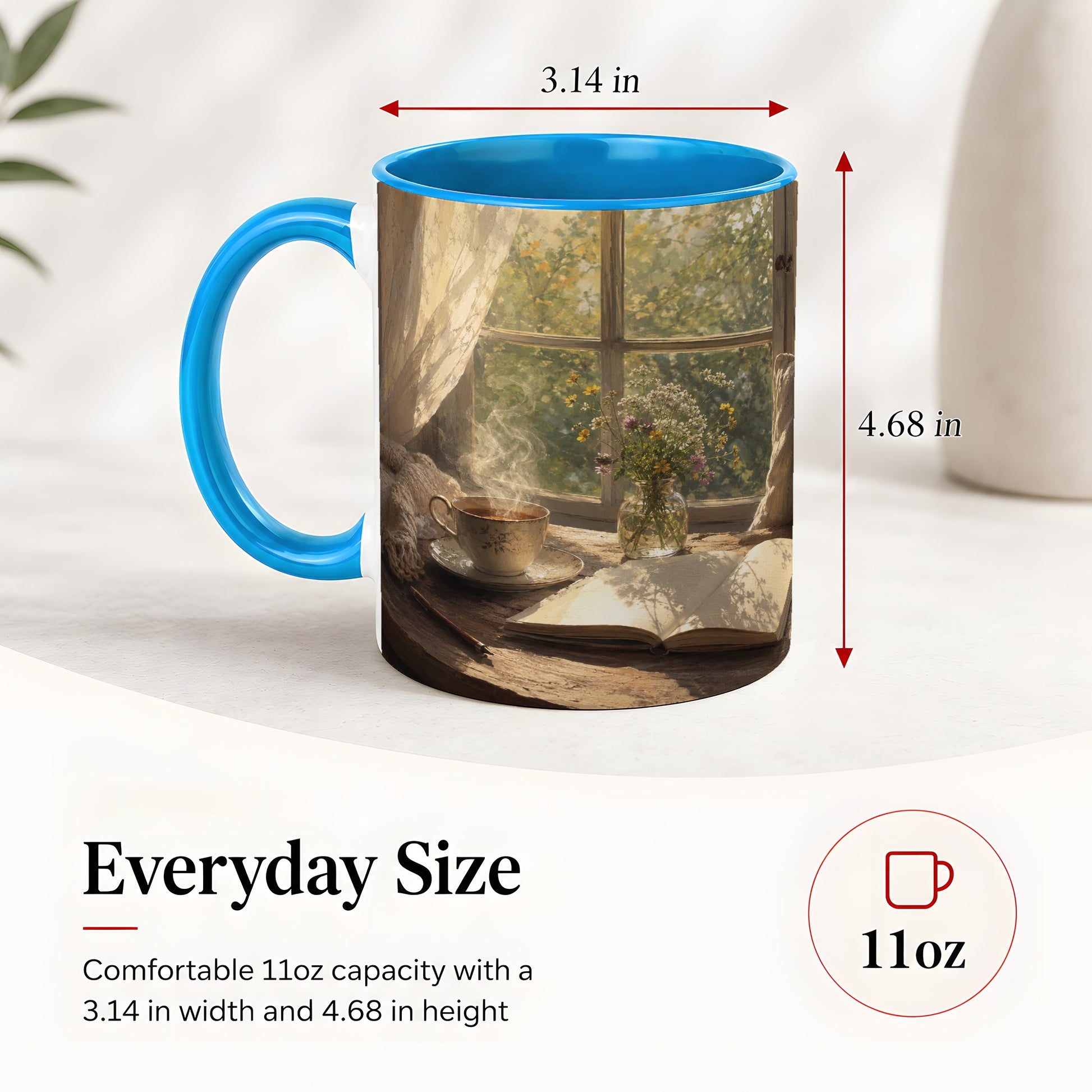 #pl[11oz|Blue] Cozy Reading Nook Ceramic Mug, Tea Book and Flowers Art
