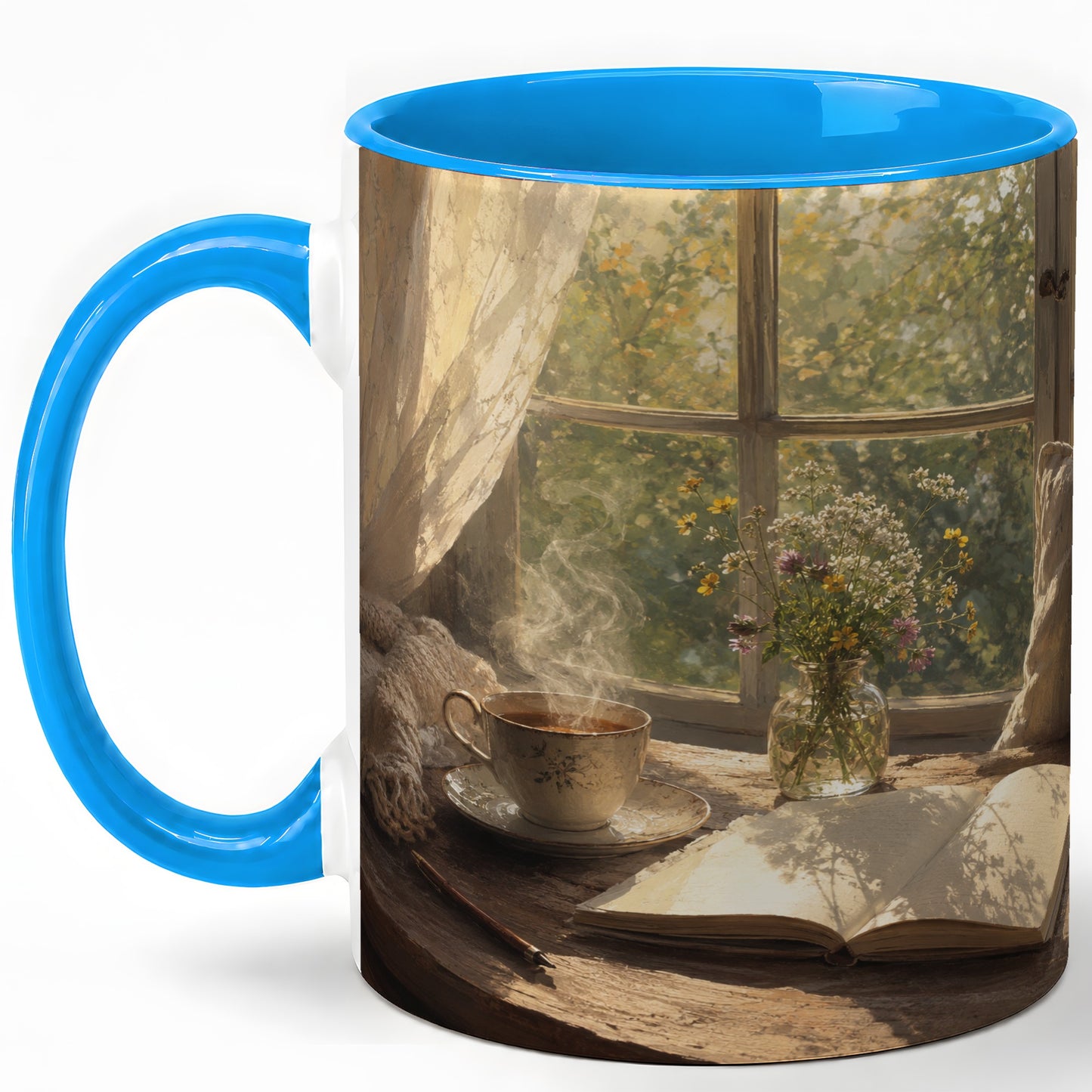 #pl[11oz|Blue] Cozy Reading Nook Ceramic Mug, Tea Book and Flowers Art