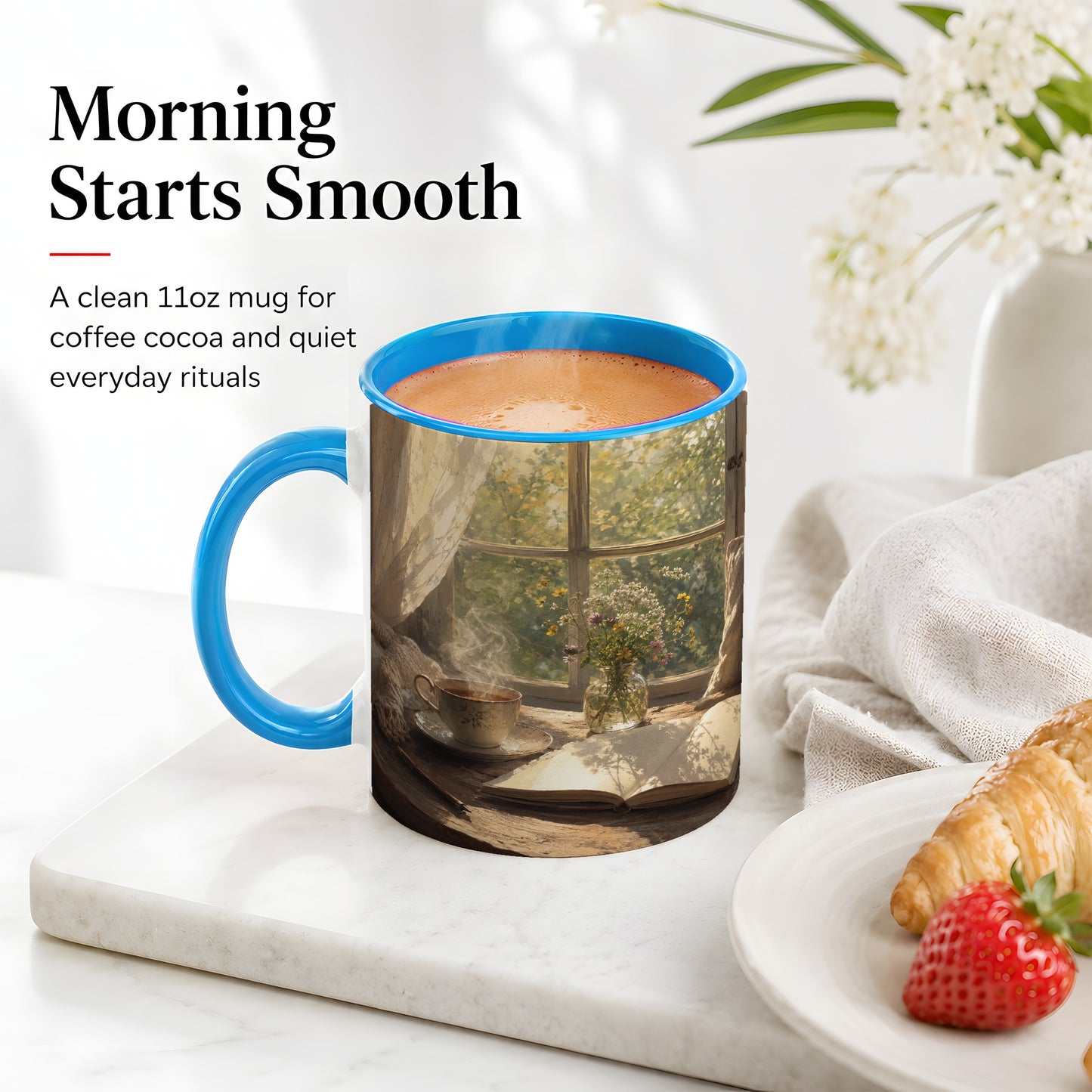 #pl[11oz|Blue] Cozy Reading Nook Ceramic Mug, Tea Book and Flowers Art