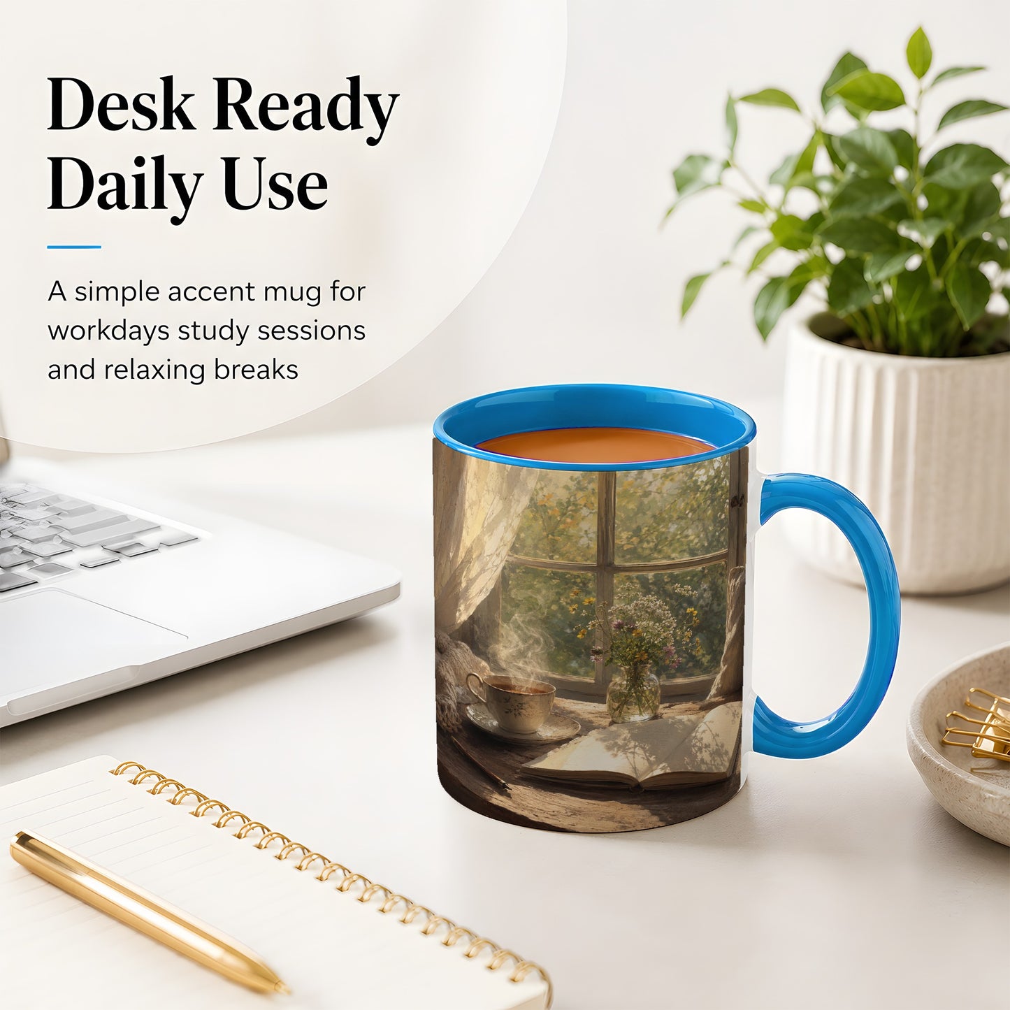 #pl[11oz|Blue] Cozy Reading Nook Ceramic Mug, Tea Book and Flowers Art