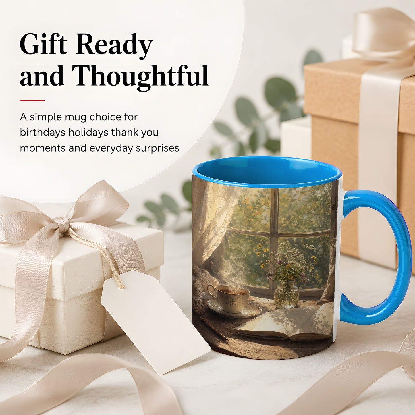 #pl[11oz|Blue] Cozy Reading Nook Ceramic Mug, Tea Book and Flowers Art