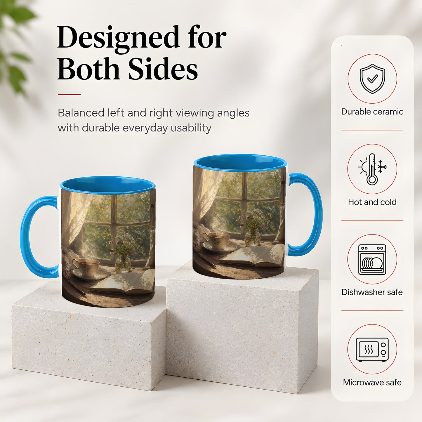 #pl[11oz|Blue] Cozy Reading Nook Ceramic Mug, Tea Book and Flowers Art