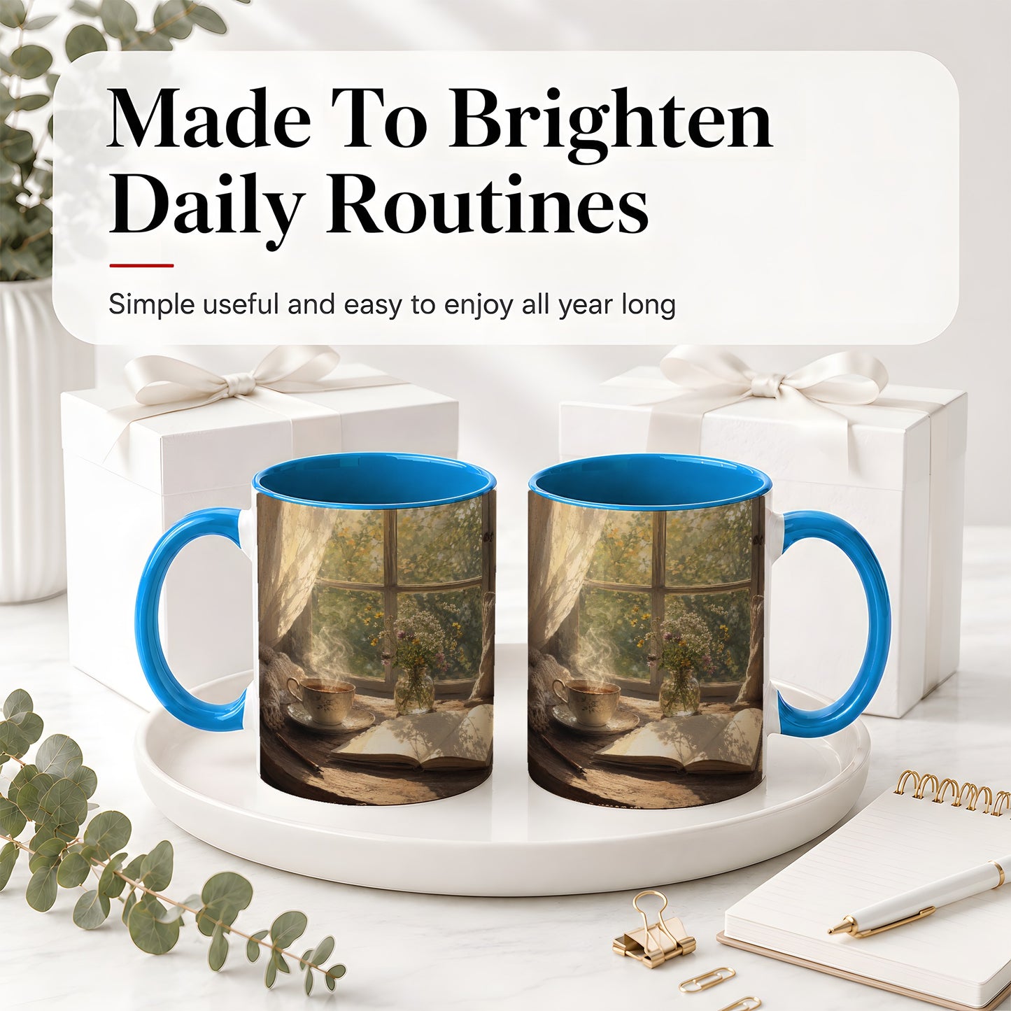 #pl[11oz|Blue] Cozy Reading Nook Ceramic Mug, Tea Book and Flowers Art