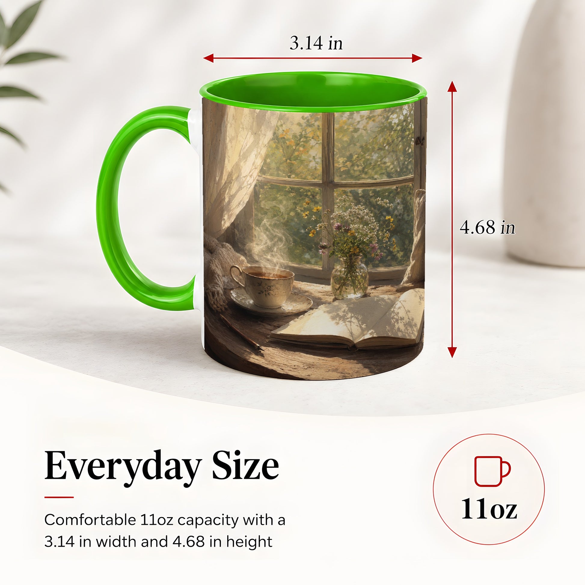 #pl[11oz|Green] Cozy Reading Nook Ceramic Mug, Tea Book and Flowers Art