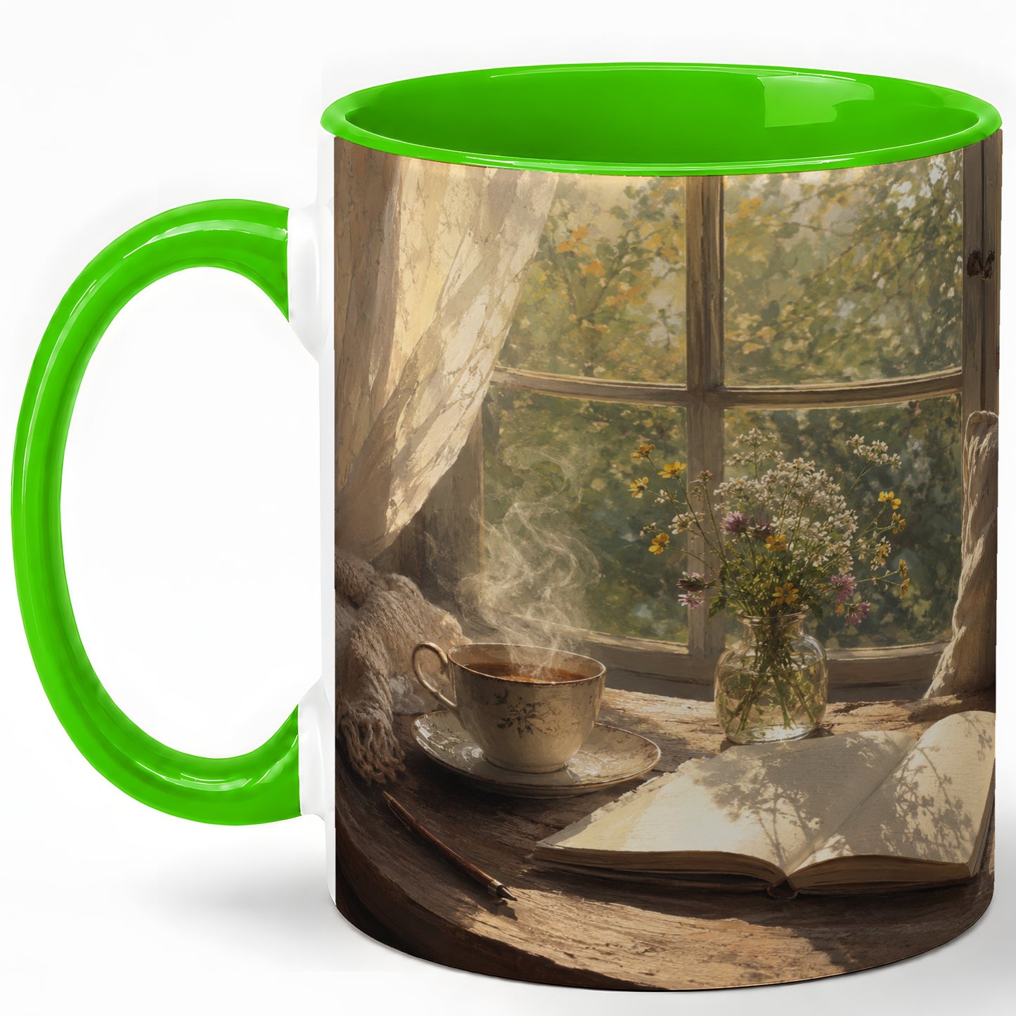 #pl[11oz|Green] Cozy Reading Nook Ceramic Mug, Tea Book and Flowers Art