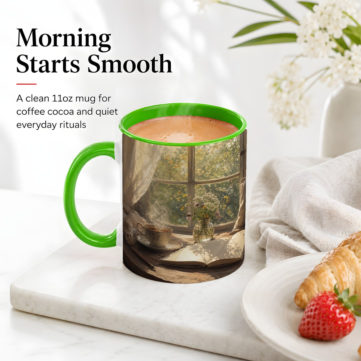 #pl[11oz|Green] Cozy Reading Nook Ceramic Mug, Tea Book and Flowers Art