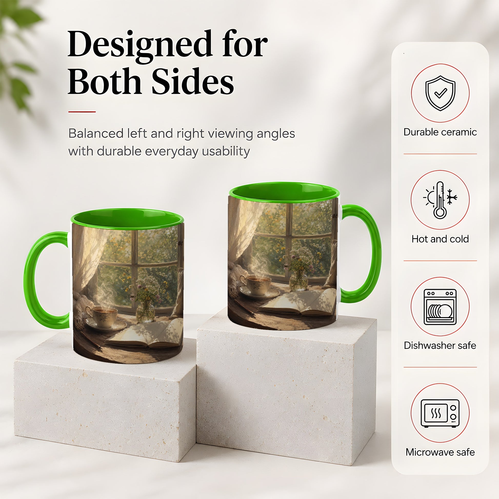 #pl[11oz|Green] Cozy Reading Nook Ceramic Mug, Tea Book and Flowers Art