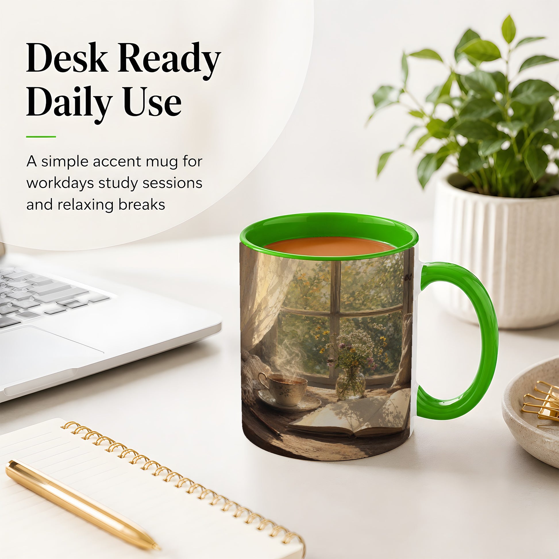 #pl[11oz|Green] Cozy Reading Nook Ceramic Mug, Tea Book and Flowers Art