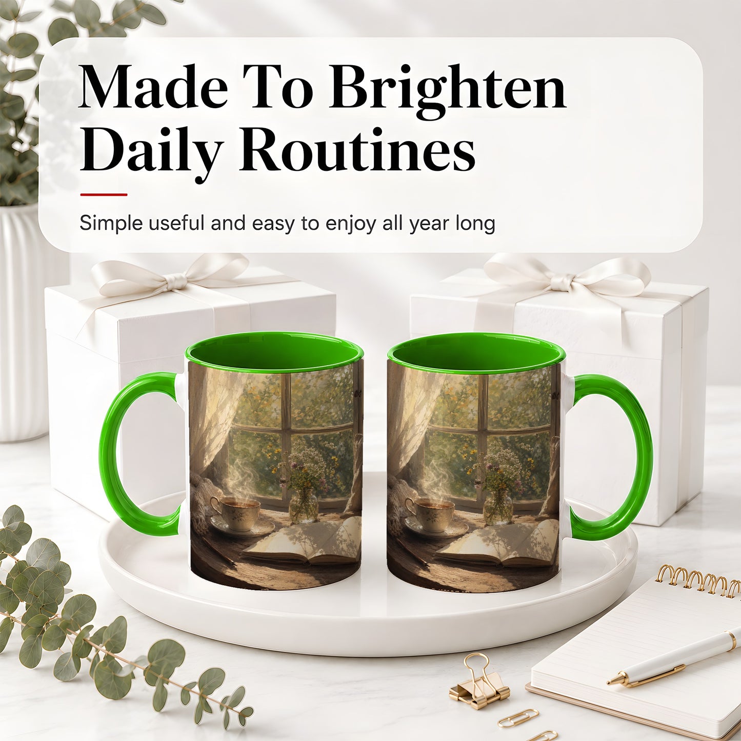 #pl[11oz|Green] Cozy Reading Nook Ceramic Mug, Tea Book and Flowers Art
