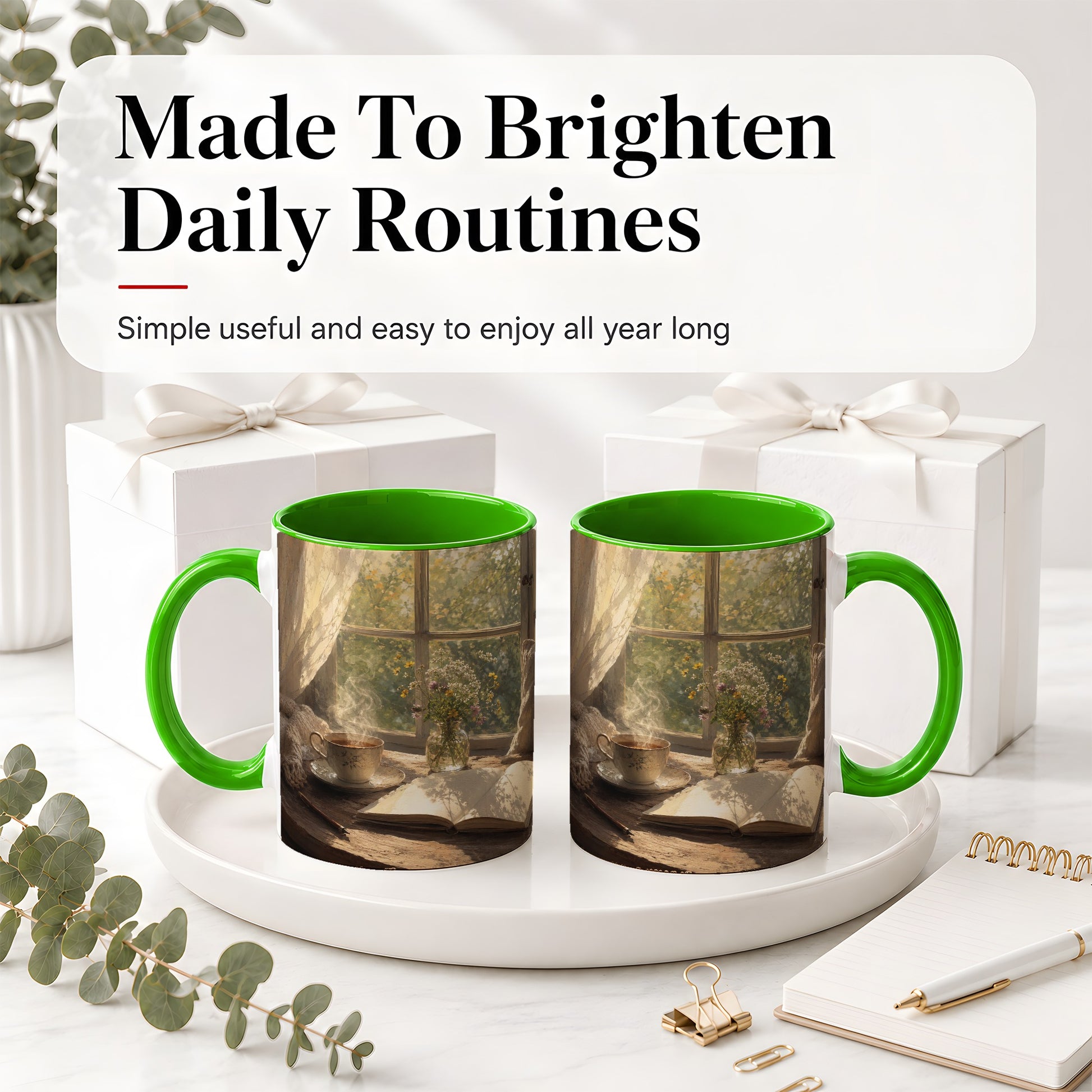 #pl[11oz|Green] Cozy Reading Nook Ceramic Mug, Tea Book and Flowers Art