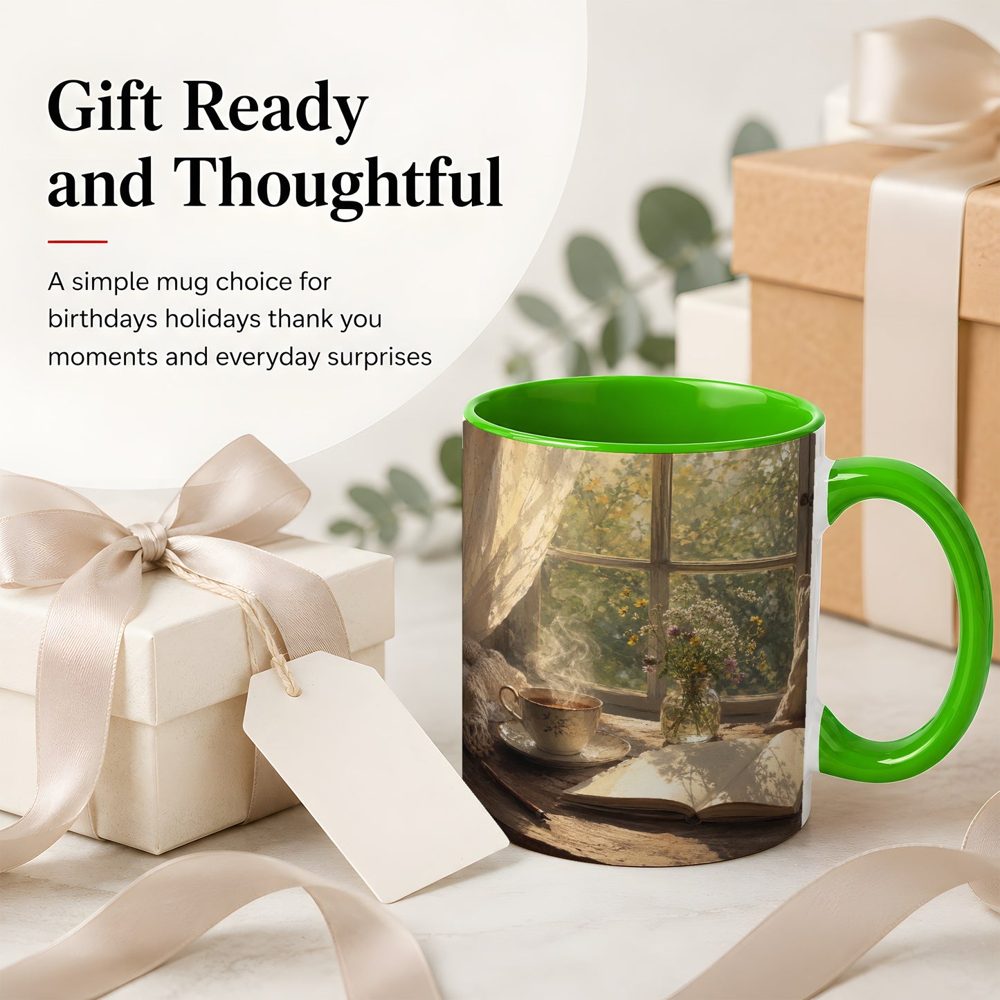 #pl[11oz|Green] Cozy Reading Nook Ceramic Mug, Tea Book and Flowers Art