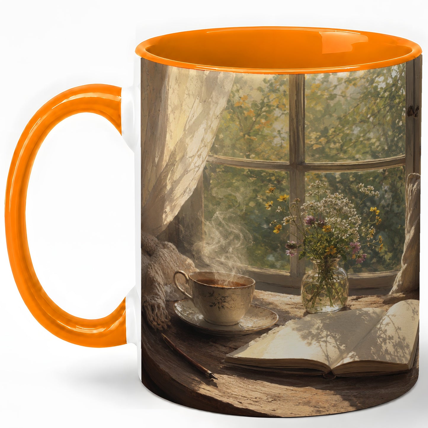 #pl[11oz|Orange] Cozy Reading Nook Ceramic Mug, Tea Book and Flowers Art