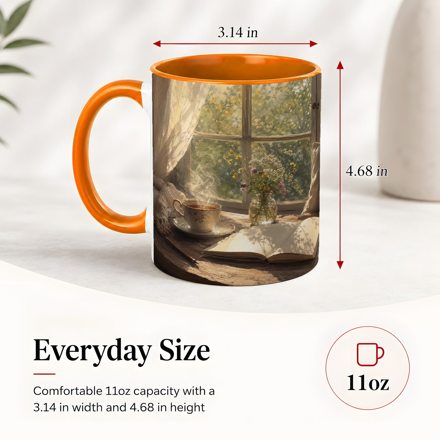 #pl[11oz|Orange] Cozy Reading Nook Ceramic Mug, Tea Book and Flowers Art