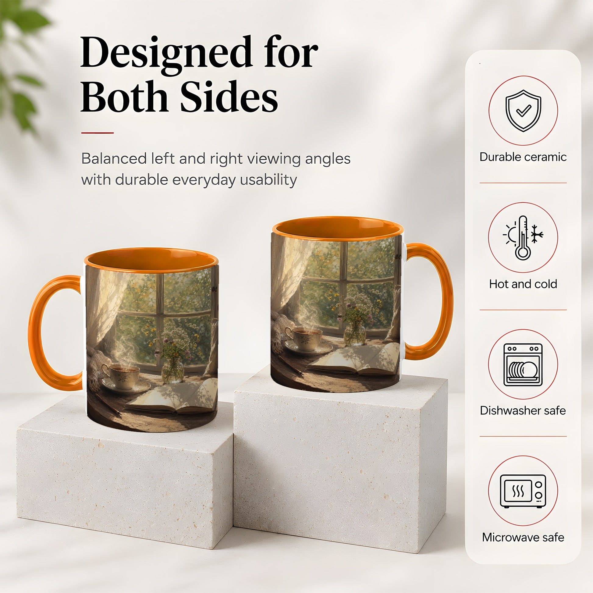 #pl[11oz|Orange] Cozy Reading Nook Ceramic Mug, Tea Book and Flowers Art