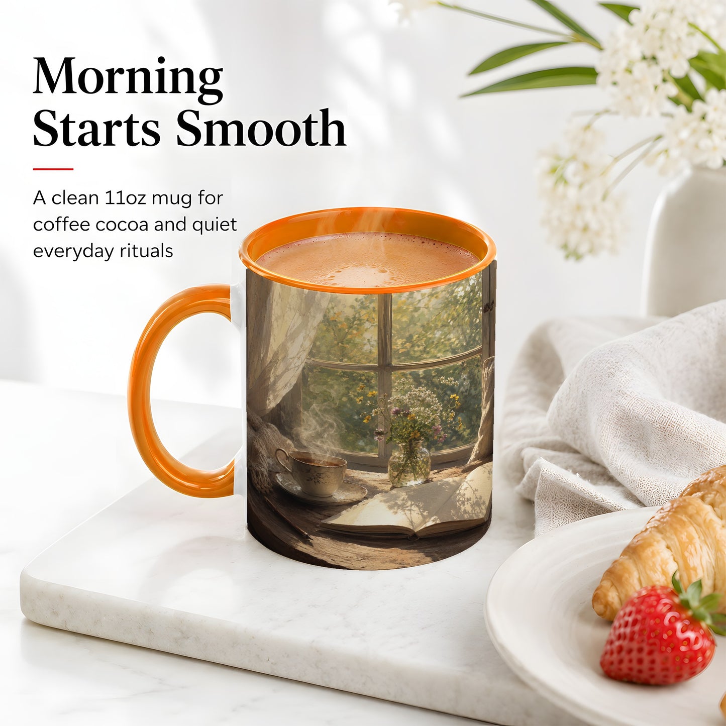 #pl[11oz|Orange] Cozy Reading Nook Ceramic Mug, Tea Book and Flowers Art