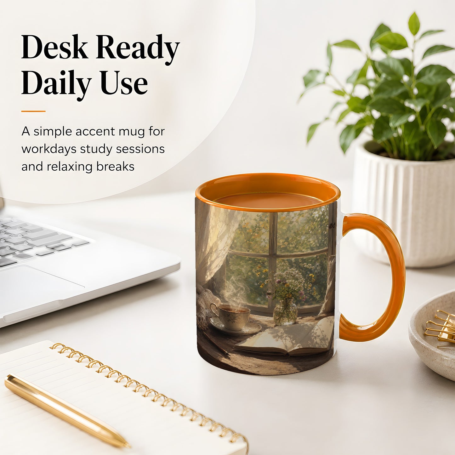 #pl[11oz|Orange] Cozy Reading Nook Ceramic Mug, Tea Book and Flowers Art