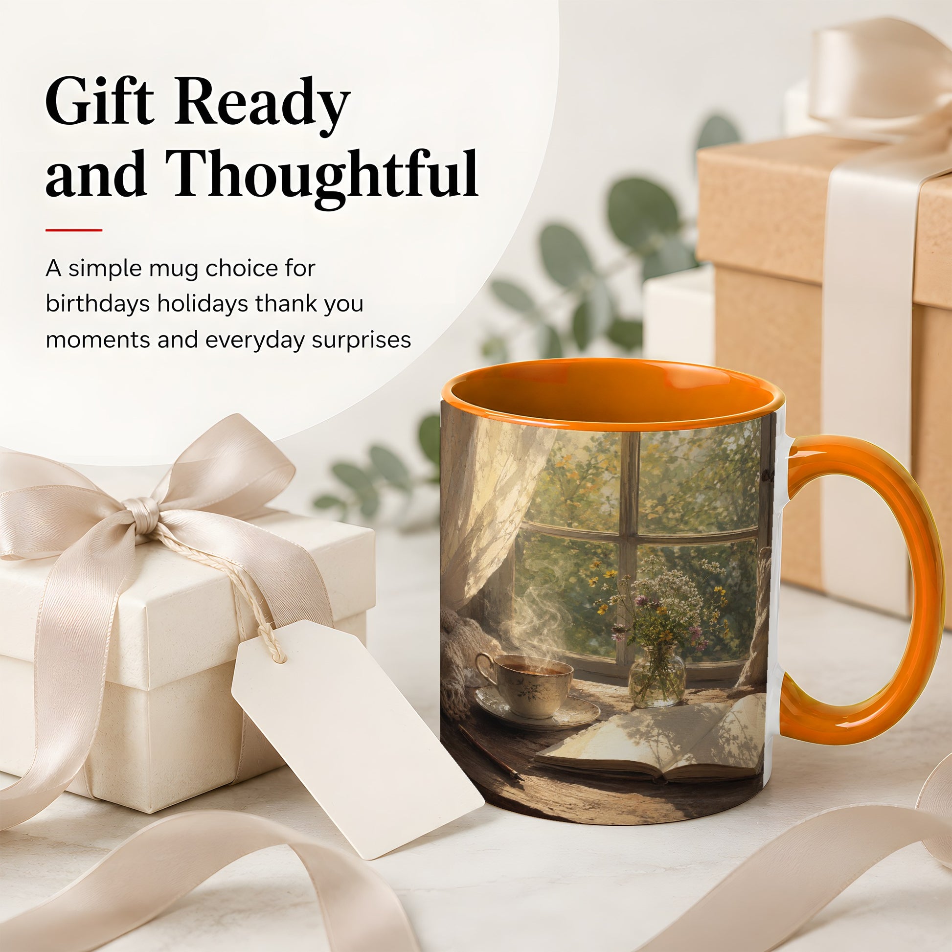 #pl[11oz|Orange] Cozy Reading Nook Ceramic Mug, Tea Book and Flowers Art
