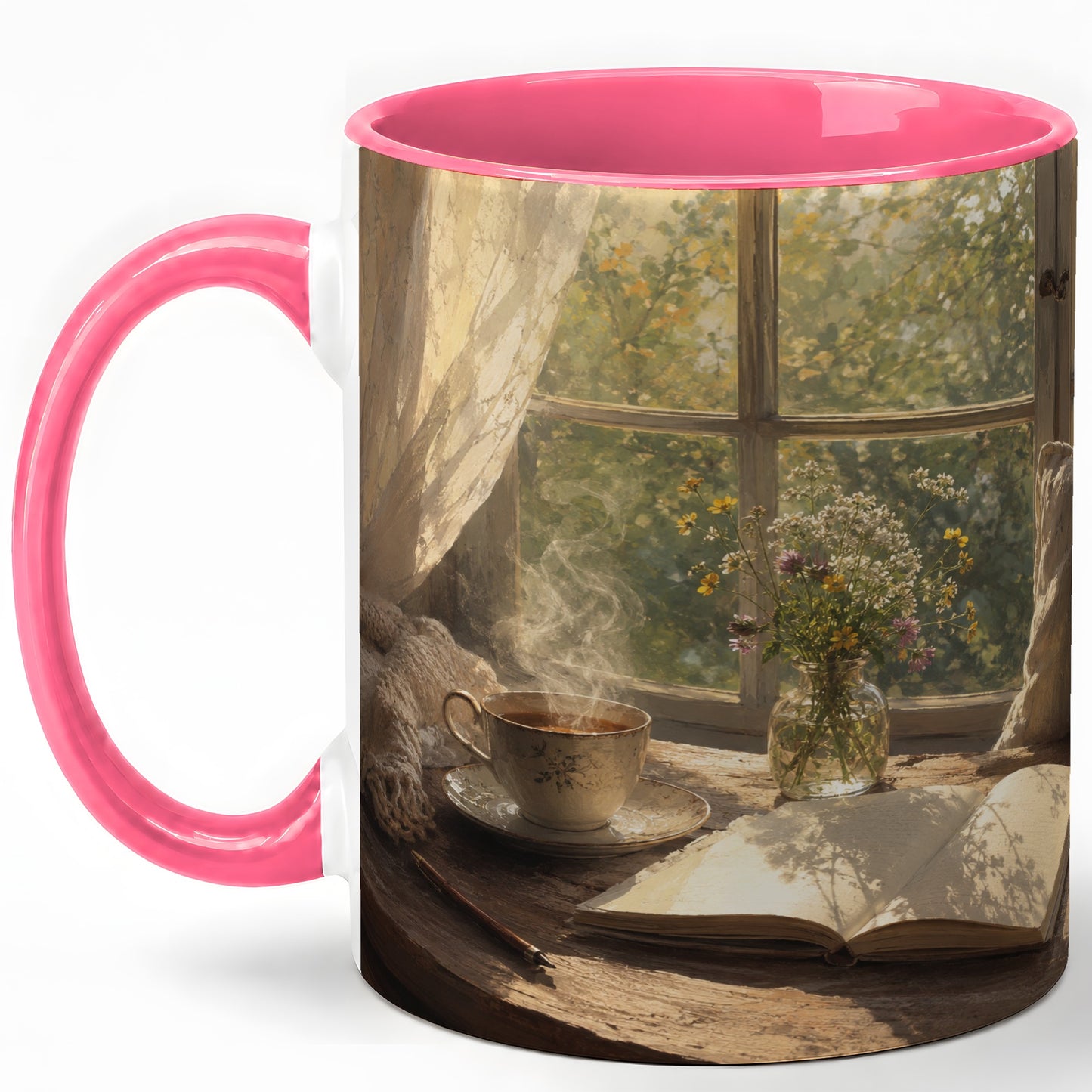#pl[11oz|Pink] Cozy Reading Nook Ceramic Mug, Tea Book and Flowers Art