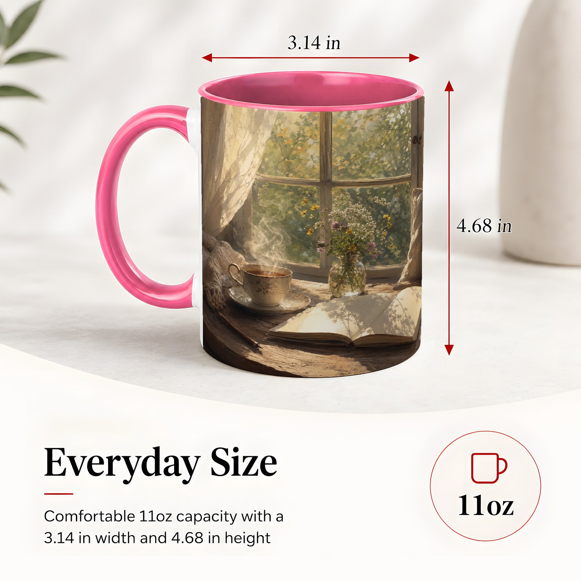 #pl[11oz|Pink] Cozy Reading Nook Ceramic Mug, Tea Book and Flowers Art