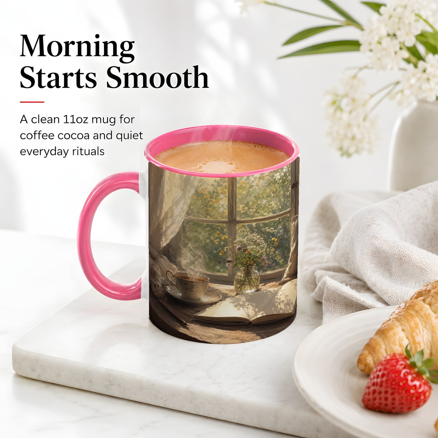 #pl[11oz|Pink] Cozy Reading Nook Ceramic Mug, Tea Book and Flowers Art