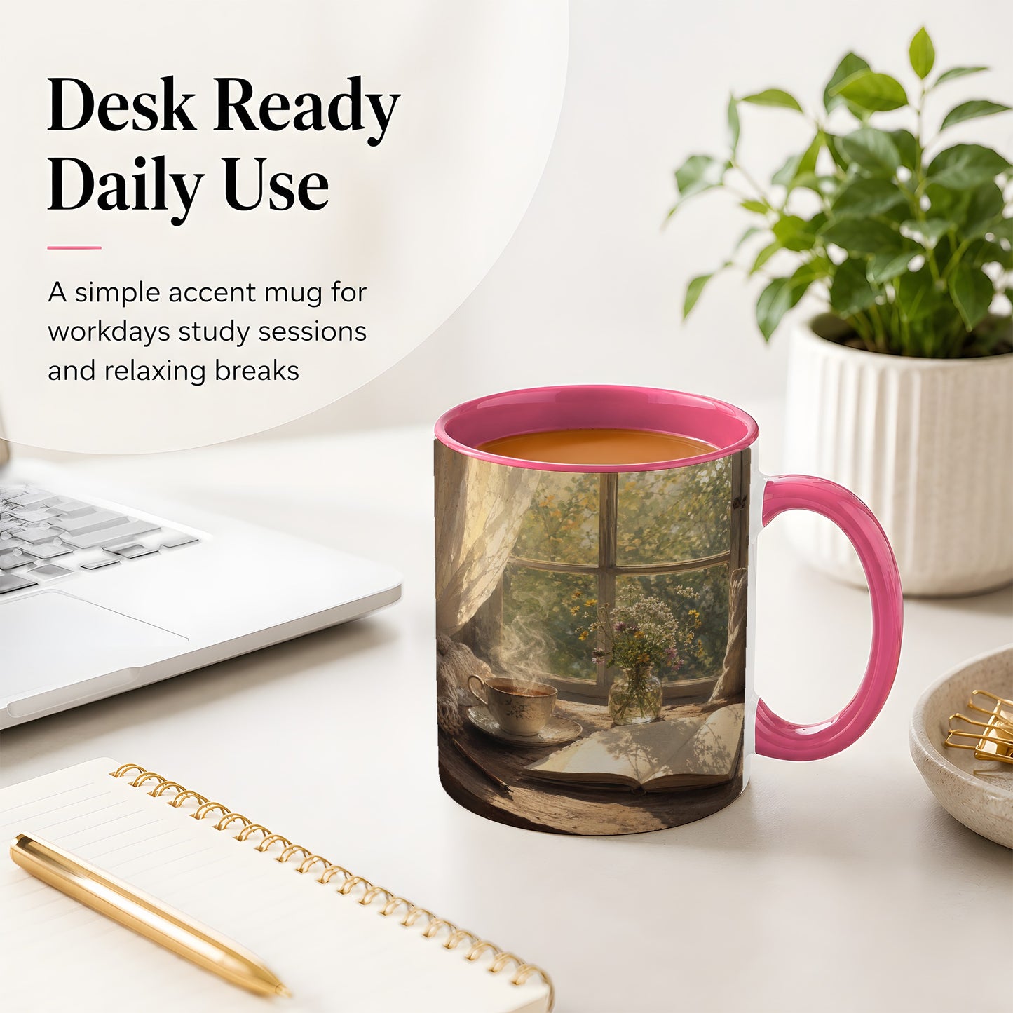#pl[11oz|Pink] Cozy Reading Nook Ceramic Mug, Tea Book and Flowers Art