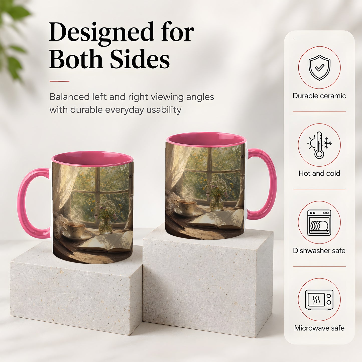 #pl[11oz|Pink] Cozy Reading Nook Ceramic Mug, Tea Book and Flowers Art