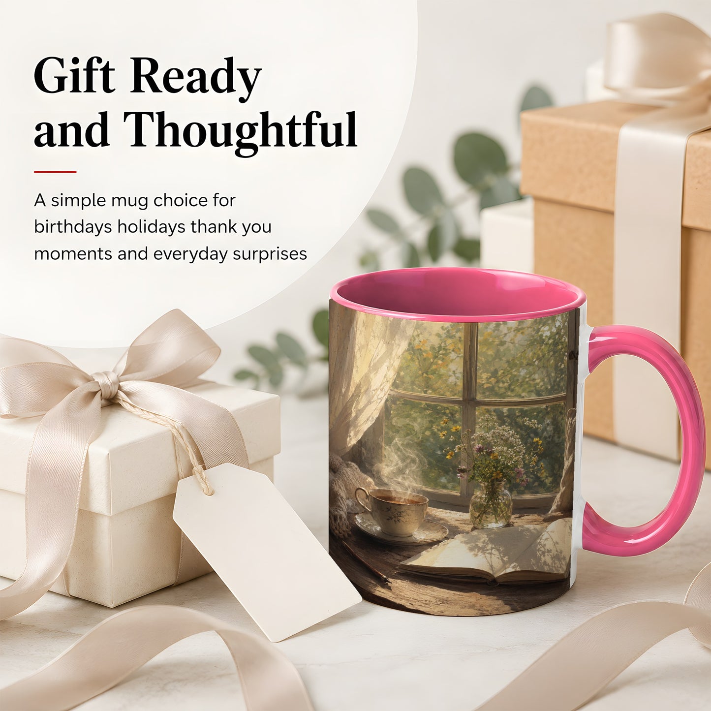 #pl[11oz|Pink] Cozy Reading Nook Ceramic Mug, Tea Book and Flowers Art
